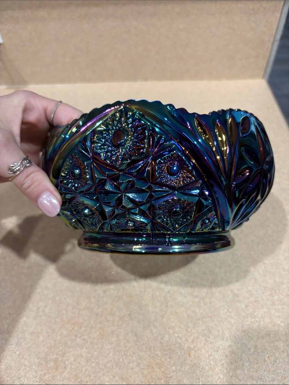 Iridescent Blue-Green Carnival Glass Decorative Centerpiece Bowl
